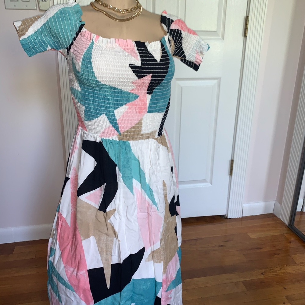 Unique Vintage style off the shoulder midi dress